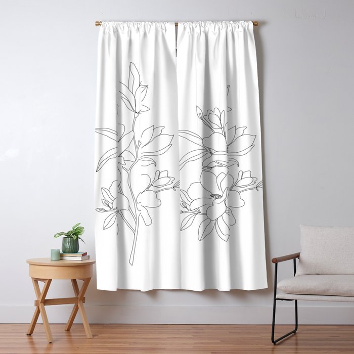 Minimal Line Art Magnolia Flowers Window Curtain