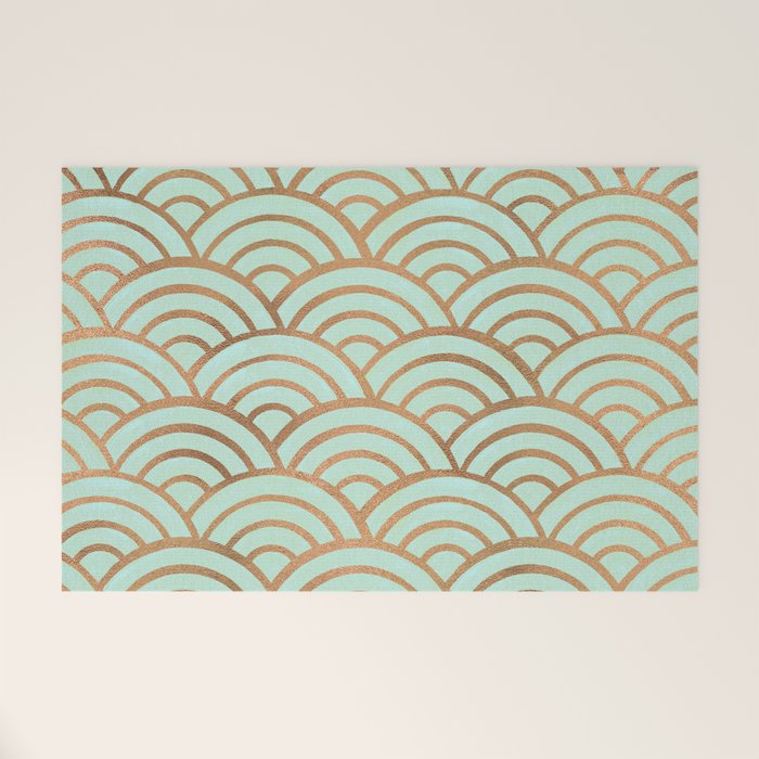 Japanese Seigaiha Wave - Mint & Copper Palette Welcome Mat