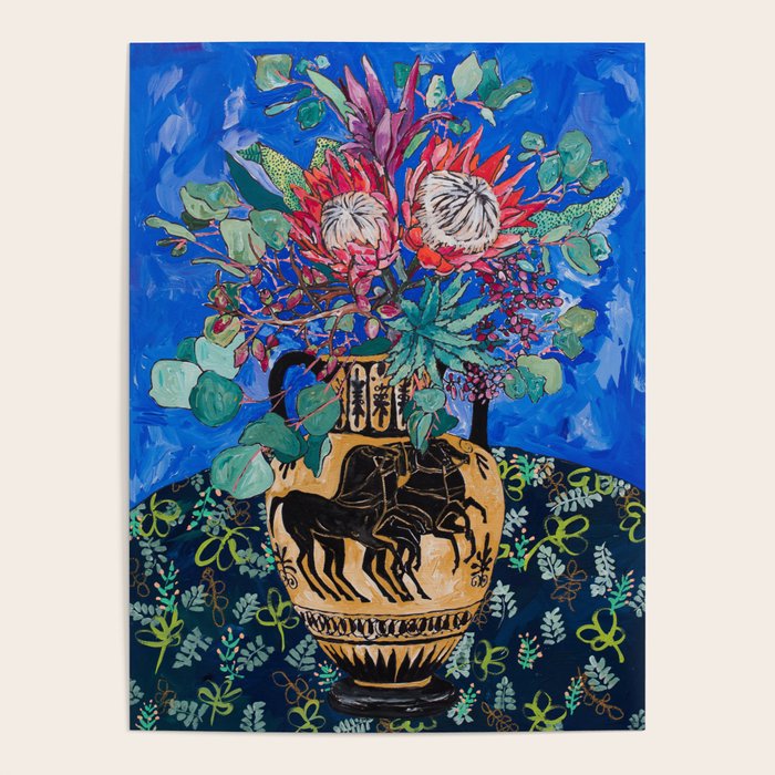 Painterly Bouquet Of Proteas In Greek Horse Urn On Blue Poster