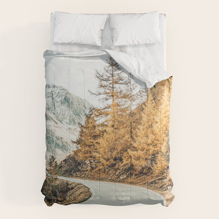 Snow + Golden Pine Photography Landscape Wall Decor, Scenic Nature Comforter