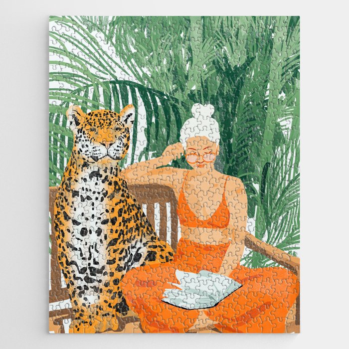 Jungle Vacay | Modern Bohemian Blonde Woman Tropical Travel | Leopard Wildlife Forest Reader Jigsaw Puzzle