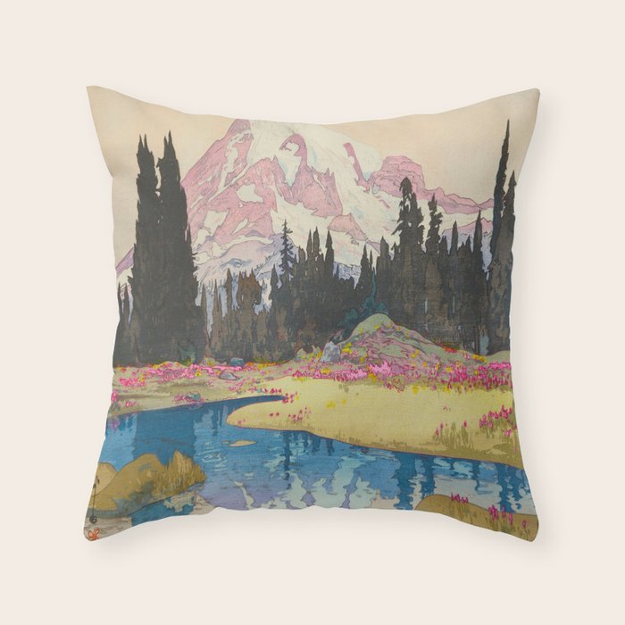 Mount Rainier Vintage Beautiful Japanese Woodblock Print Hiroshi Yoshida Throw Pillow