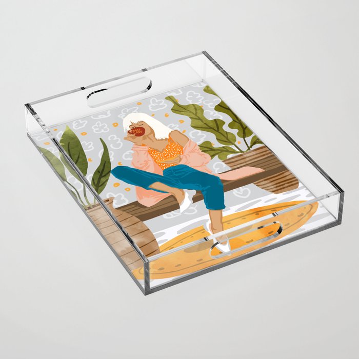 Boss Lady Illustration, Empower Woman Female Feminism, Plant Lady Tea Coffee Painting Acrylic Tray