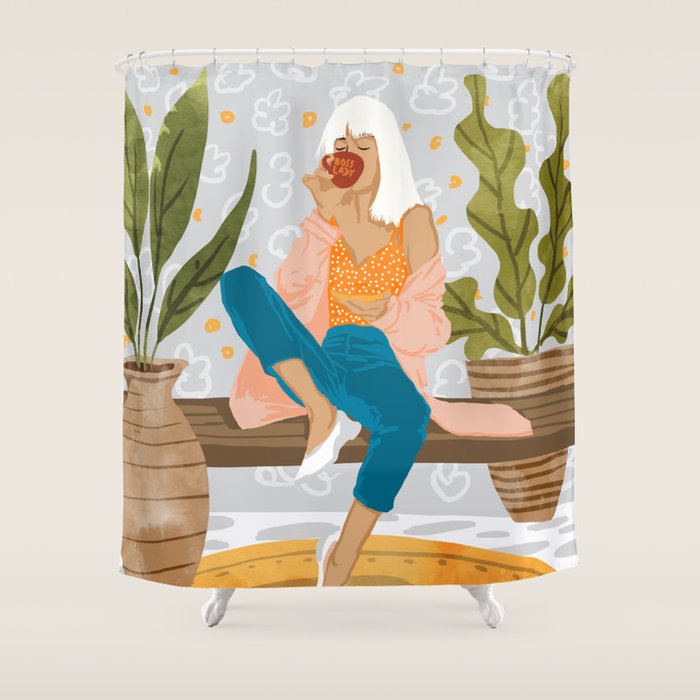 Boss Lady Illustration, Empower Woman Female Feminism, Plant Lady Tea Coffee Painting Shower Curtain