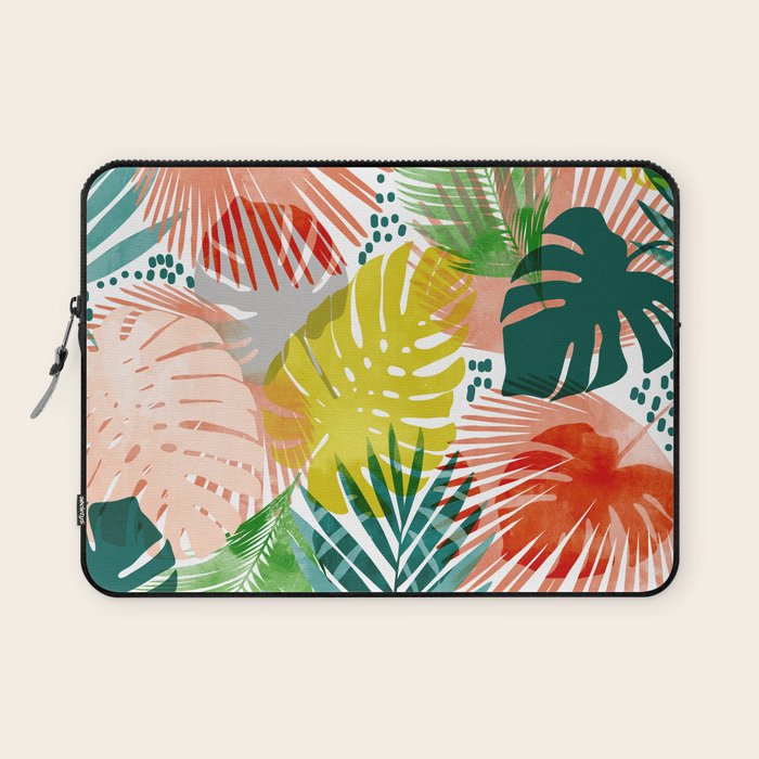 Tropical Garden, Botanical Colorful Jungle Watercolor Painting, Monstera Palm Nature Blush Bohemian Laptop Sleeve