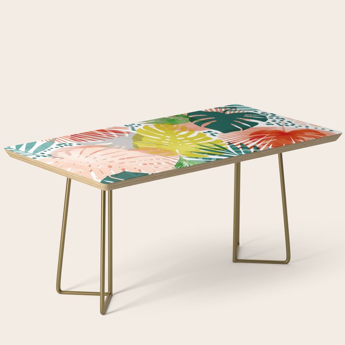 Tropical Garden, Botanical Colorful Jungle Watercolor Painting, Monstera Palm Nature Blush Bohemian Coffee Table