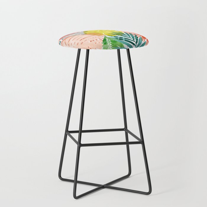 Tropical Garden, Botanical Colorful Jungle Watercolor Painting, Monstera Palm Nature Blush Bohemian Stool