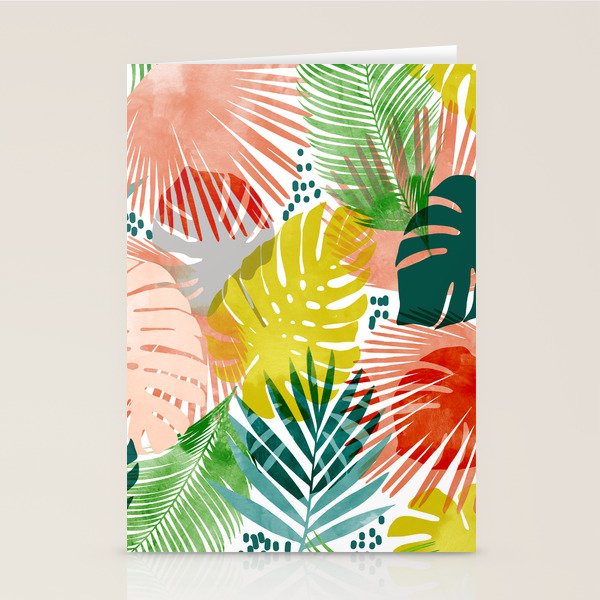 Tropical Garden, Botanical Colorful Jungle Watercolor Painting, Monstera Palm Nature Blush Bohemian Stationery Card