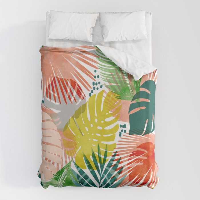 Tropical Garden, Botanical Colorful Jungle Watercolor Painting, Monstera Palm Nature Blush Bohemian Duvet Cover