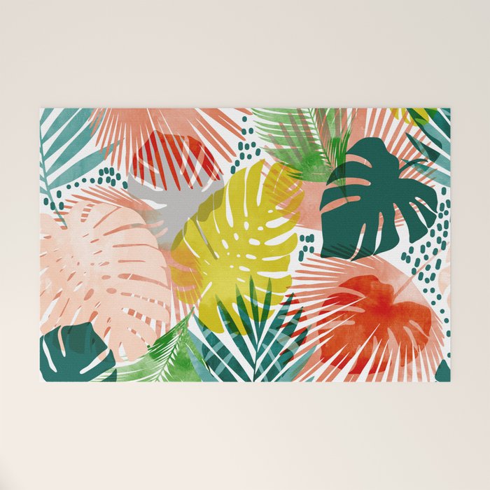 Tropical Garden, Botanical Colorful Jungle Watercolor Painting, Monstera Palm Nature Blush Bohemian Welcome Mat