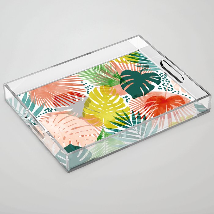 Tropical Garden, Botanical Colorful Jungle Watercolor Painting, Monstera Palm Nature Blush Bohemian Acrylic Tray