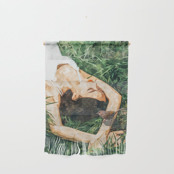 Jungle Nap Painting, Nature Illustration, Woman & Birds Portrait Wall Hanging
