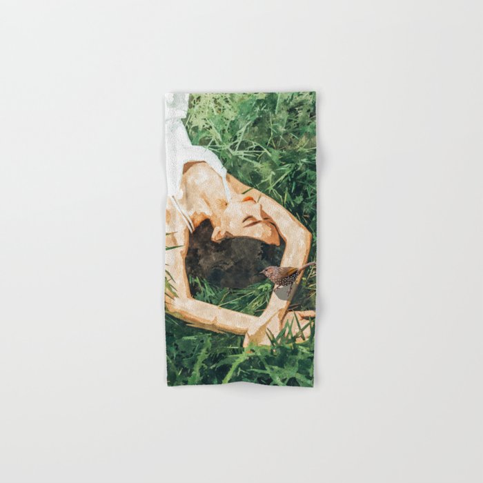 Jungle Nap Painting, Nature Illustration, Woman & Birds Portrait Bath Towel