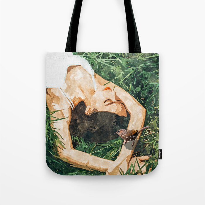 Jungle Nap Painting, Nature Illustration, Woman & Birds Portrait Tote Bag