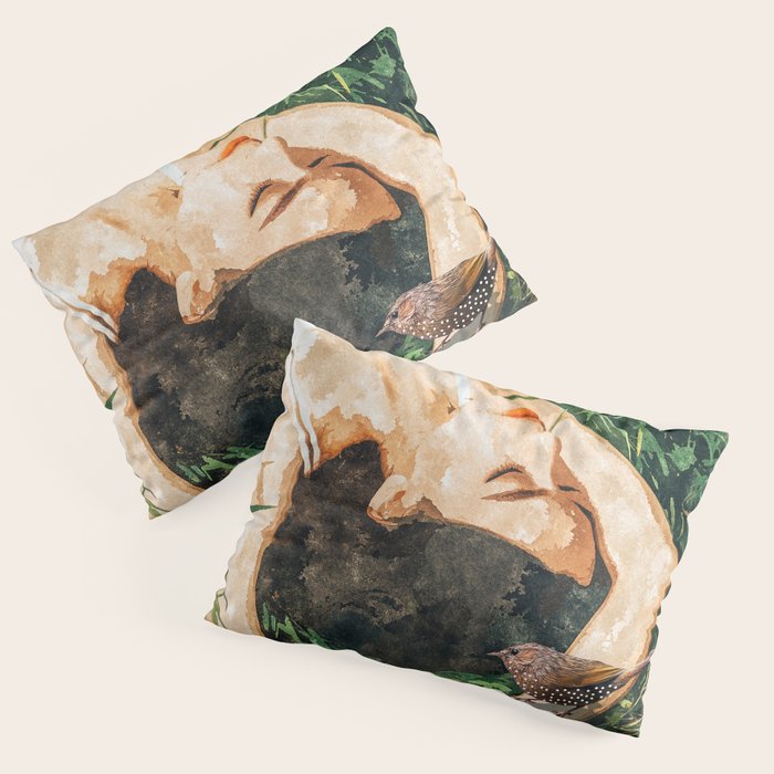 Jungle Nap Painting, Nature Illustration, Woman & Birds Portrait Pillow Sham