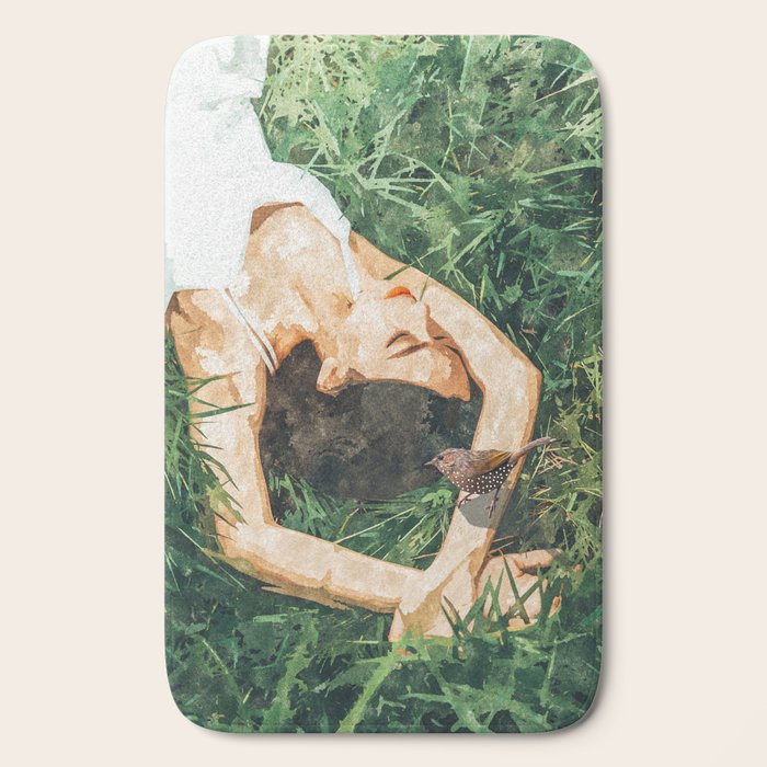 Jungle Nap Painting, Nature Illustration, Woman & Birds Portrait Bath Mat