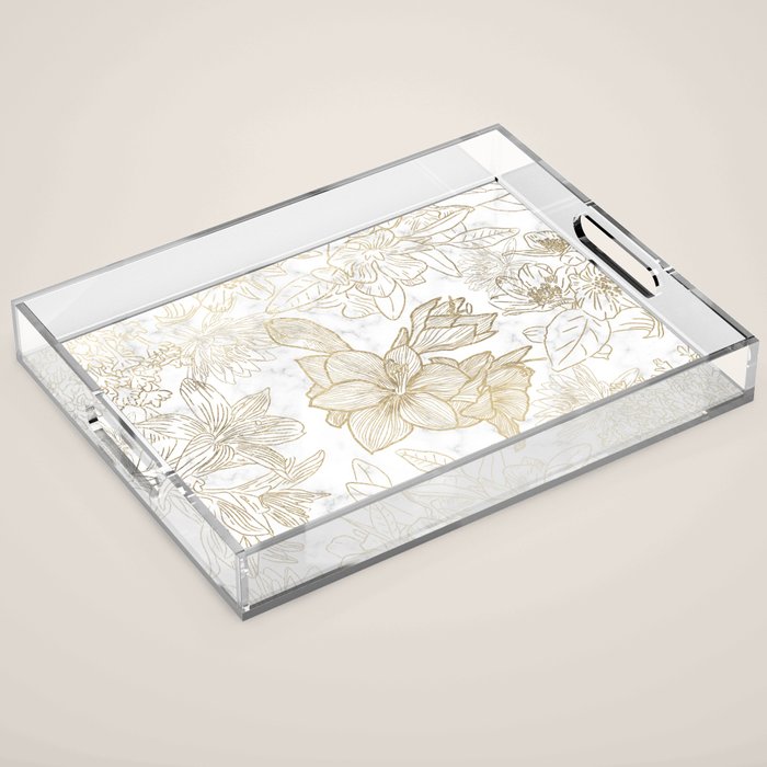 Elegant Modern White Faux Gold Marble Floral Acrylic Tray