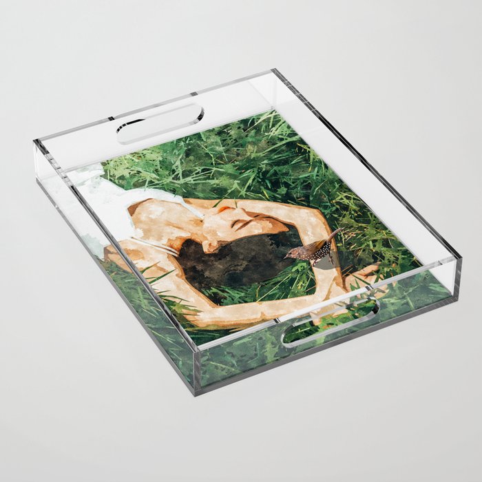 Jungle Nap Painting, Nature Illustration, Woman & Birds Portrait Acrylic Tray