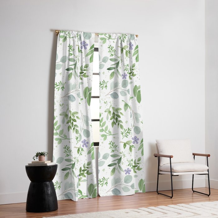 Botanical Forest Green Lavender Watercolor Floral Window Curtain