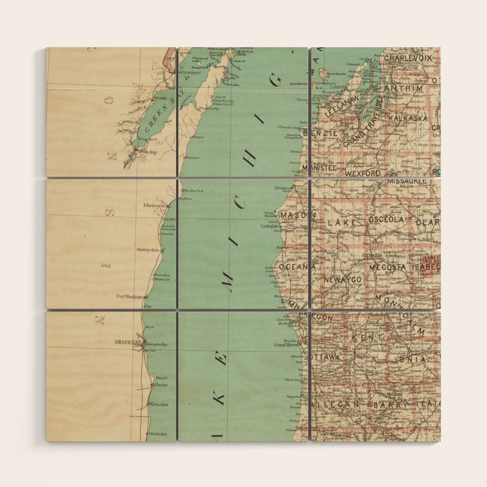 Vintage Map Of Lake Michigan (1888) Wood Wall Art