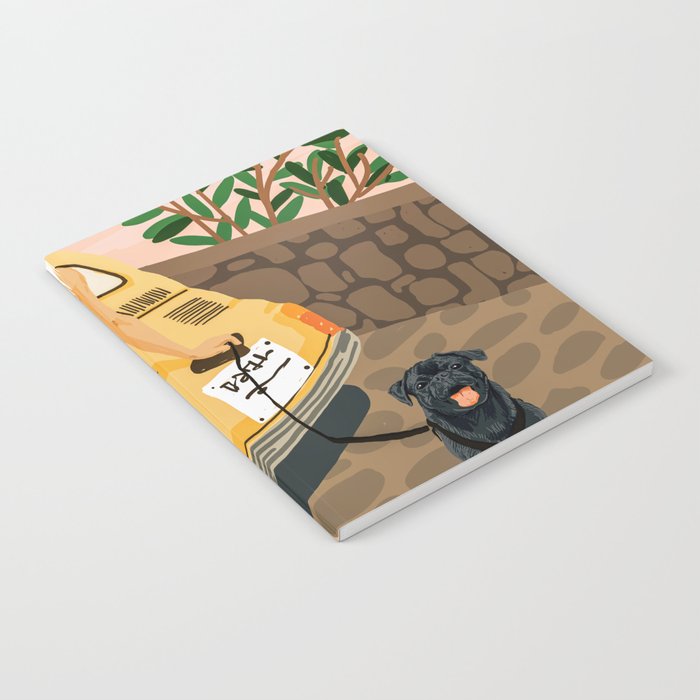 Tour, Pet Dog Walk, Italy Summer Fashion Woman, Animal Illustration, Travel Bohemian Cooper Painting Notebook