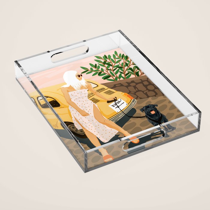 Tour, Pet Dog Walk, Italy Summer Fashion Woman, Animal Illustration, Travel Bohemian Cooper Painting Acrylic Tray