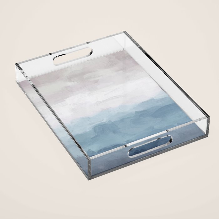 Misty Evening - White, Mauve, Navy Soft Blue Print Modern Wall Art Abstract Painting, Ocean Clouds Acrylic Tray
