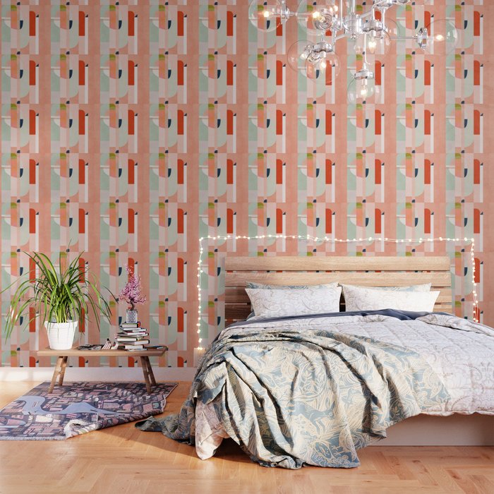 Shapes Modern Mid-Century Peach Pink Coral Mint Wallpaper