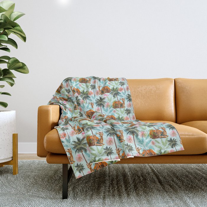 Camel Ride, Modern Bohemian Eclectic Animals, India Culture Travel Palm Desert Painting Throw Blanket