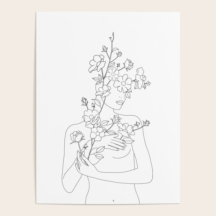Minimal Line Art Woman With Wild Roses Poster