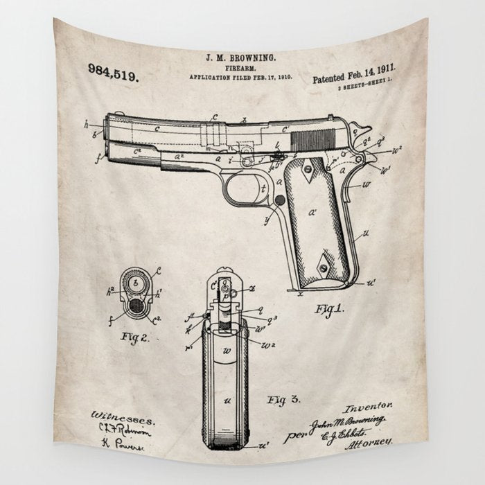 Colt Pistol Patent - Browning 1911 Colt Art - Antique Wall Tapestry