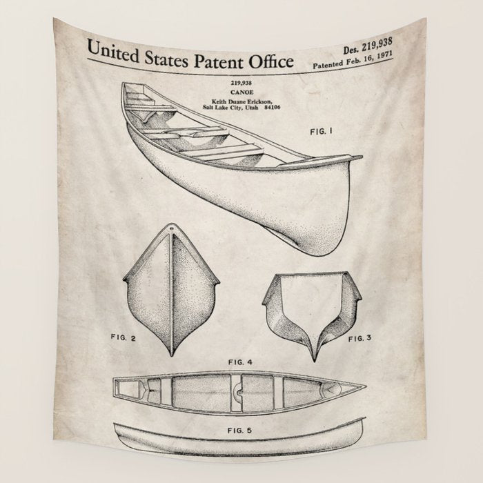 Canoe Patent - Kayak Art - Antique Wall Tapestry