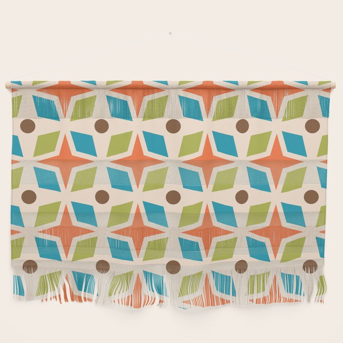 Mid Century Modern Abstract Star Dot Pattern 441 Orange Brown Turquoise Chartreuse Wall Hanging
