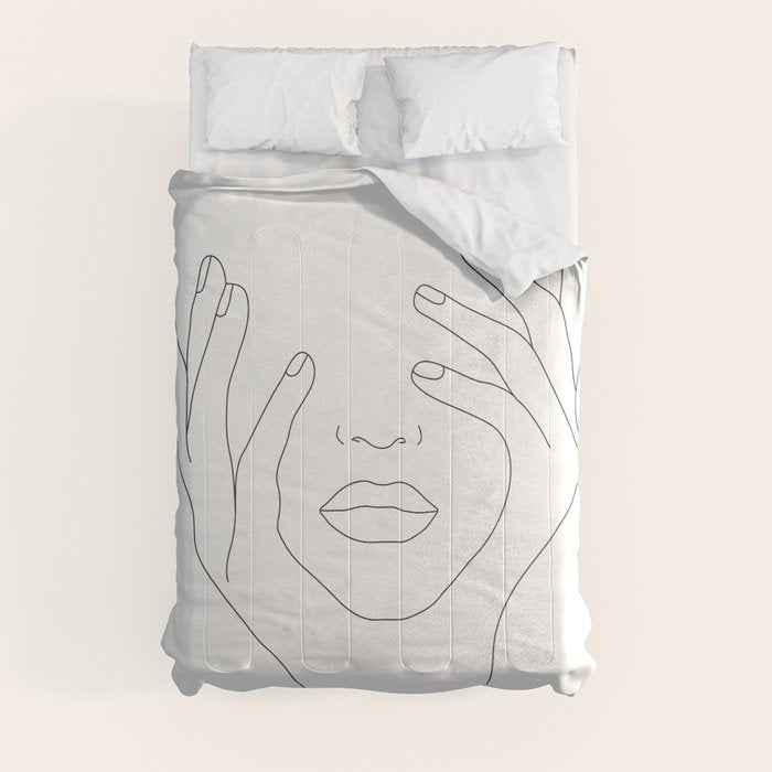 Minimal Line Art Woman With Hands On Face Comforter
