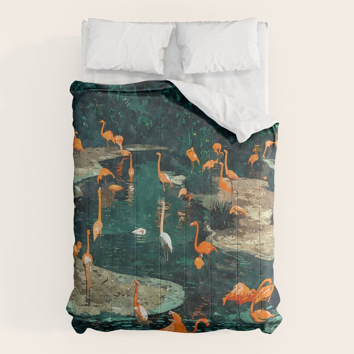 Flamingo Creek #Flamingo #Tropical #Illustration Comforter