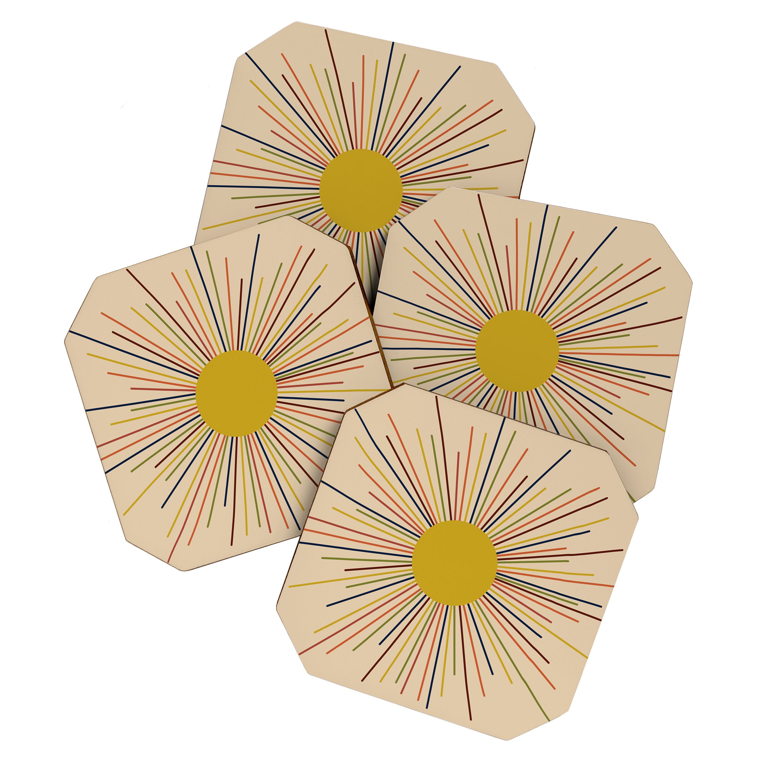 Mid-Century Modern Sunburst - Minimalist Abstract Sun In Mid Mod Mustard, Orange, Olive, Blue, And Beige Coaster