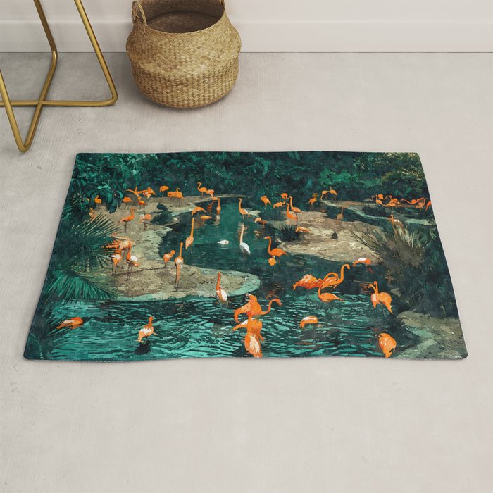 Flamingo Creek #Flamingo #Tropical #Illustration Rug