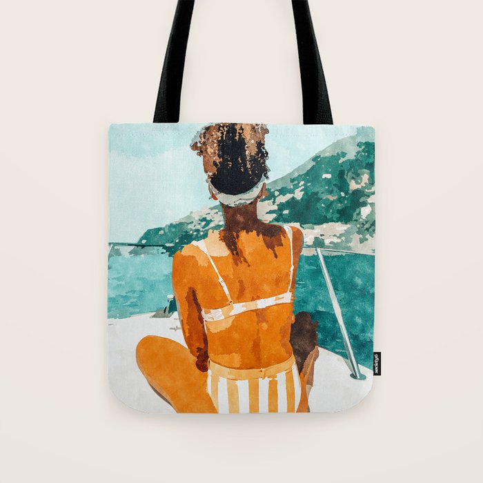 Solo Traveler, Watercolor Black Woman Painting, Travel Tropical Summer Illustration Tote Bag