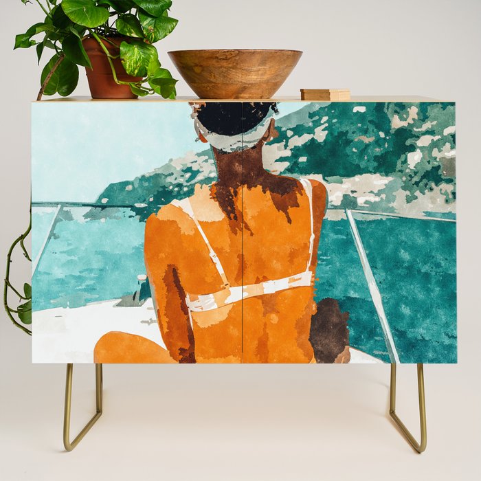 Solo Traveler, Watercolor Black Woman Painting, Travel Tropical Summer Illustration Credenza