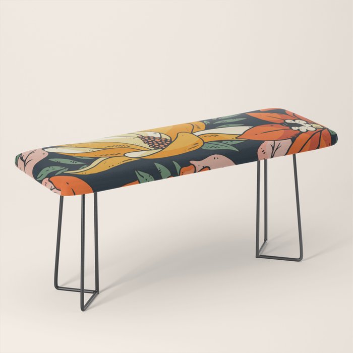 Night Forest, Colorful Dark Eclectic Floral Nature Botanical Jungle Floral Bohemian Illustration Bench