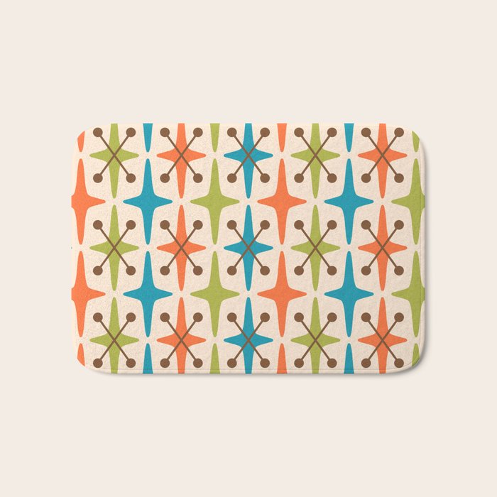 Mid Century Modern Atomic Starburst Pattern 441 Orange Brown Turquoise Chartreuse Bath Mat