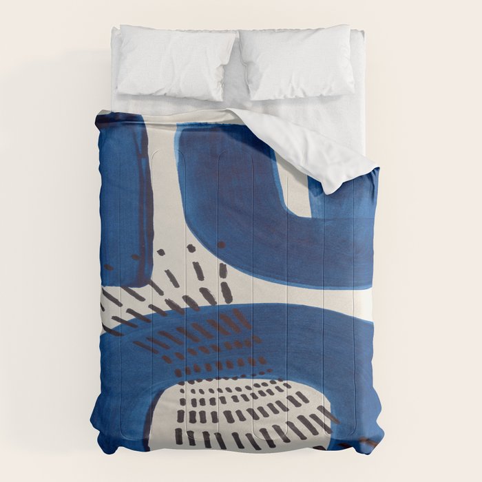 Colorful Mid Century Modern Abstract Fun Shapes Patterns Navy Blue Abstract Expressionism Comforter
