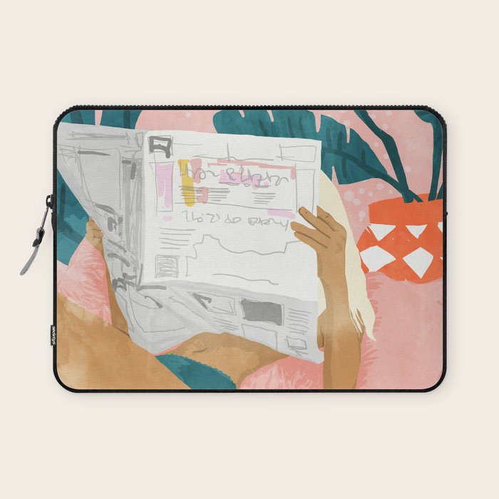 Modern Bohemian Morning Newspaper | Tropical Banana Leaves Palm Watercolor | Boho Woman & Decor Laptop Sleeve
