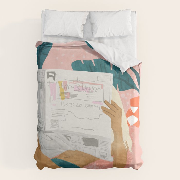 Modern Bohemian Morning Newspaper | Tropical Banana Leaves Palm Watercolor | Boho Woman & Decor Duvet Cover