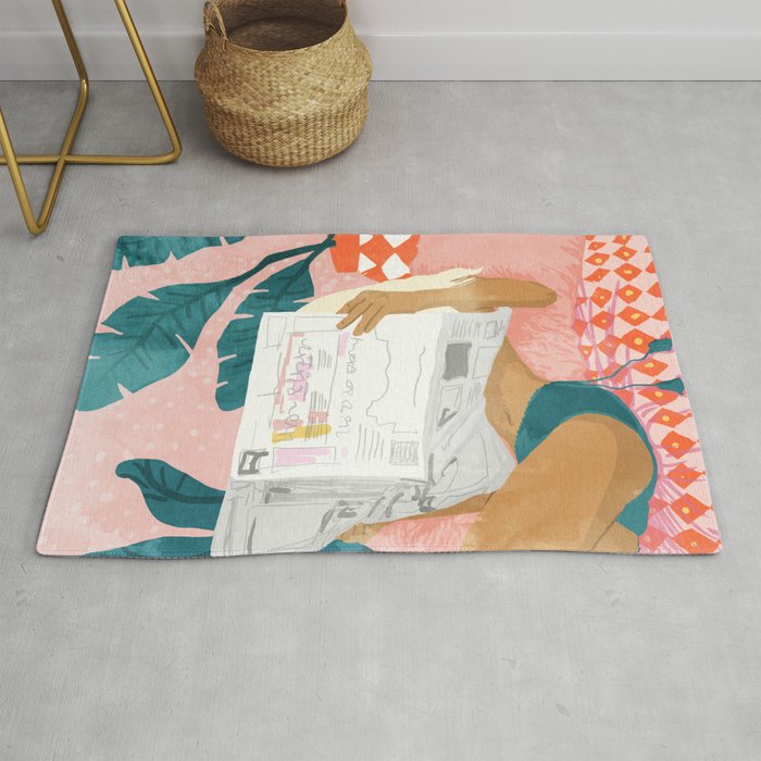 Modern Bohemian Morning Newspaper | Tropical Banana Leaves Palm Watercolor | Boho Woman & Decor Rug