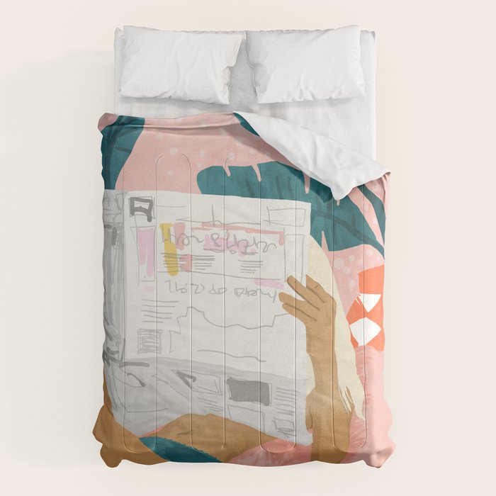 Modern Bohemian Morning Newspaper | Tropical Banana Leaves Palm Watercolor | Boho Woman & Decor Comforter