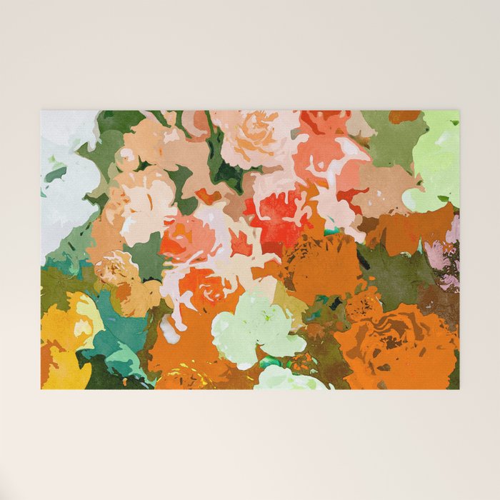 Velvet Floral, Summer Eclectic Botanical Blossom Blush Painting, Nature Colorful Garden Illustration Welcome Mat