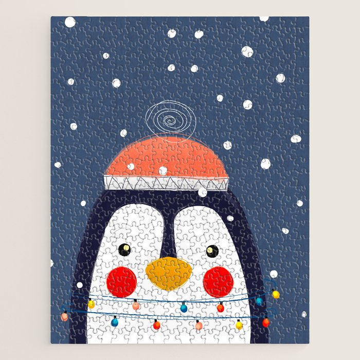 Christmas Penguin With Fairy Lights No2 Jigsaw Puzzle