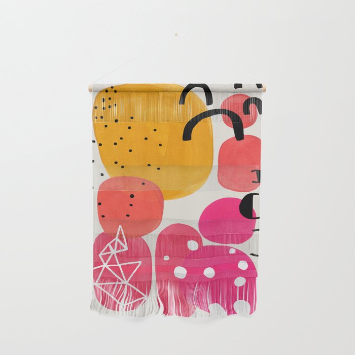 Vintage Fun Minimalist Abstract Colorful Mid Century Modern Yellow Magenta Bubbles With Patterns Wall Hanging