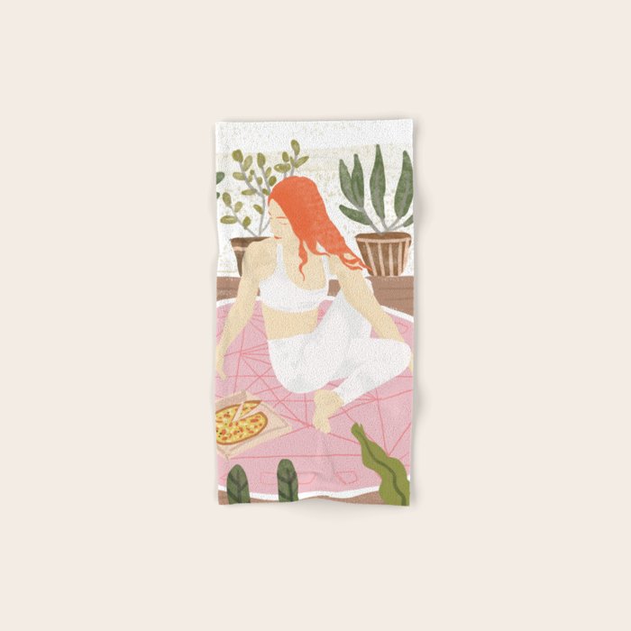 Yoga + Pizza, Red Head Woman Work Out Stay At Home, Ginger Plant Lady Home Decor Food Illustration Bath Towel
